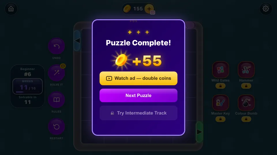 The win screen, with the coins earned